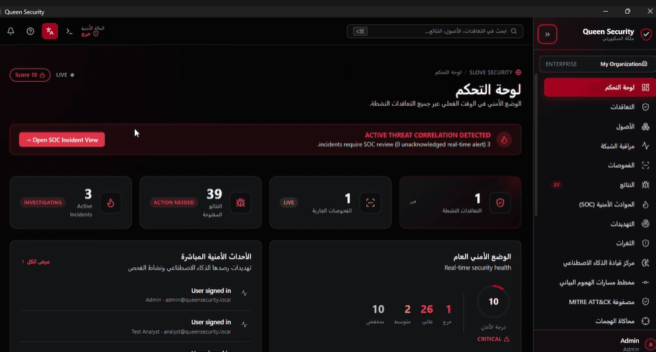 لوحة تحكم Queen Security لمتابعة الحوادث والتنبيهات والحالة الأمنية